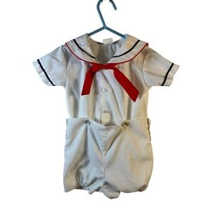 Bryan Sailor Romper 18M White Nautical Red Bow Vintage Made in USA Toddler Boy